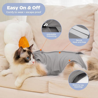 Avont Cat Recovery Suit Post-Surgery Onesie, Breathable Cone-of-Shame Alternative Bodysuit for Spayed Female Kittens, Skin Abdonminal Wound Care -Grey(S)