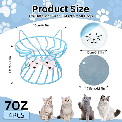 4-in-1 Elevated Pet Food Bowls - Ceramic, Non-Slip, Dishwasher Safe, Whisker-Friendly Stand for Cats & Puppies
