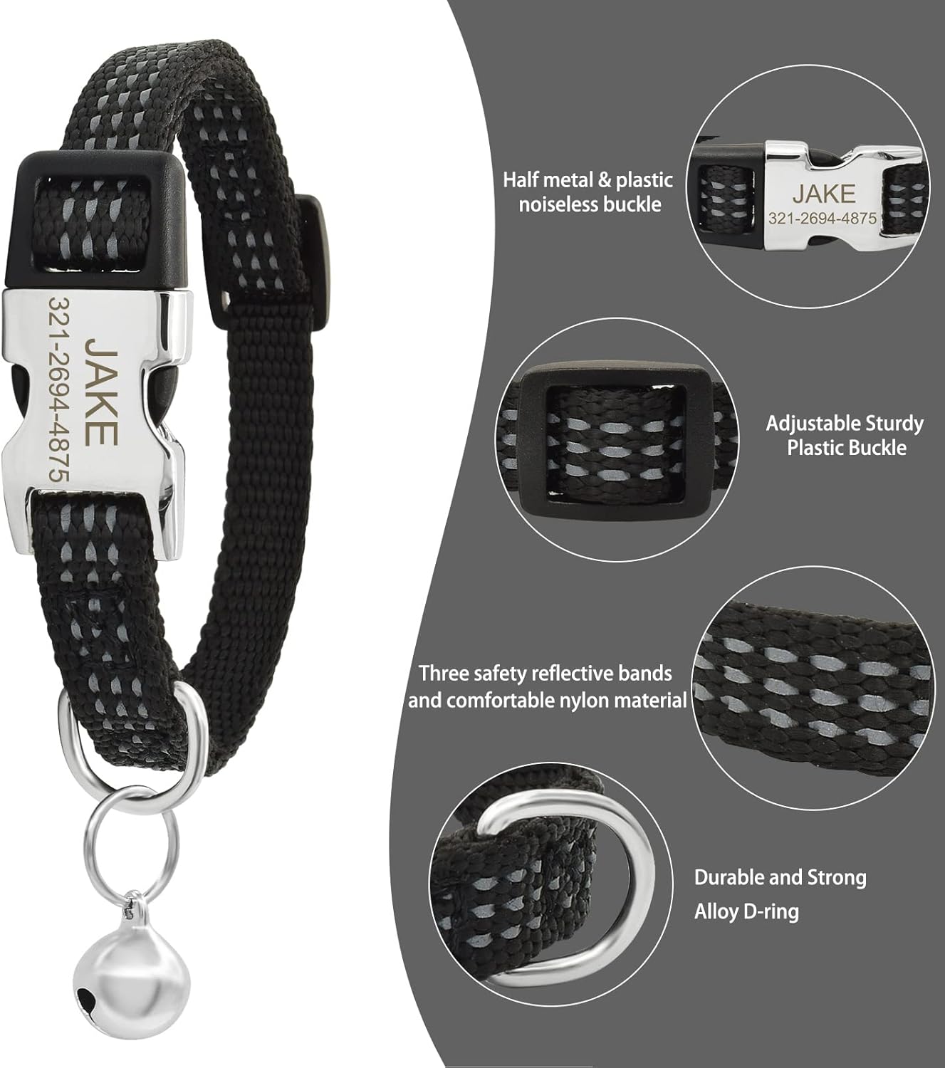 Personalized Reflective Nylon Cat Collar with Name Phone,Custom Engraved Buckle Cat Collar with Bell,Adjustable for Small Dogs Puppy Kitten (Black,fit 7.5''-12.0'')