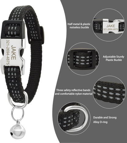 Personalized Reflective Nylon Cat Collar with Name Phone,Custom Engraved Buckle Cat Collar with Bell,Adjustable for Small Dogs Puppy Kitten (Black,fit 7.5''-12.0'')