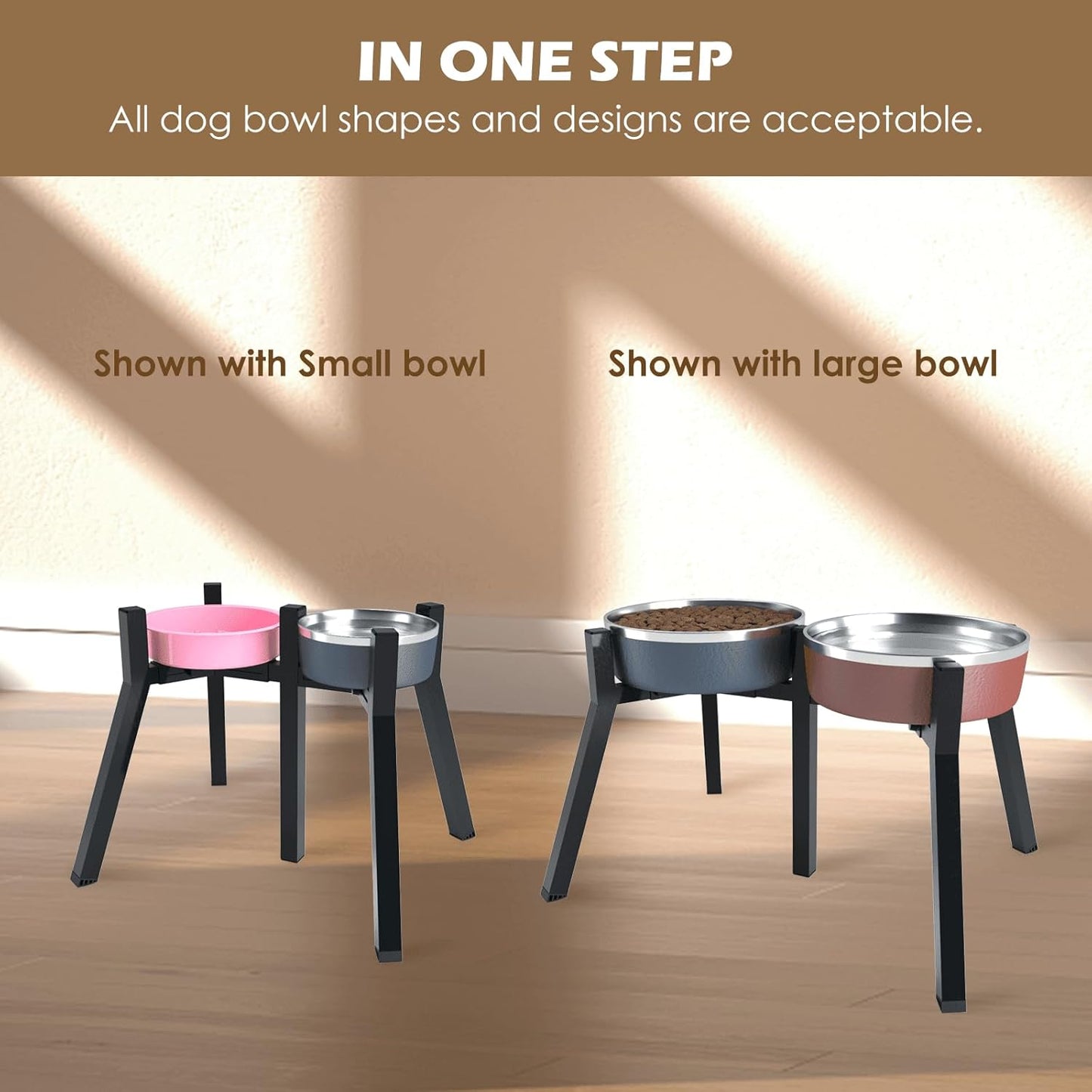 Raised Dog Bowl Stand for Large & Extra Large Dogs – 13.7" Tall Adjustable Holder Fits 7–10.6" Wide Bowls, Elevated Dog Food & Water Stand, 2-in-1 Design (Bowls Not Included)