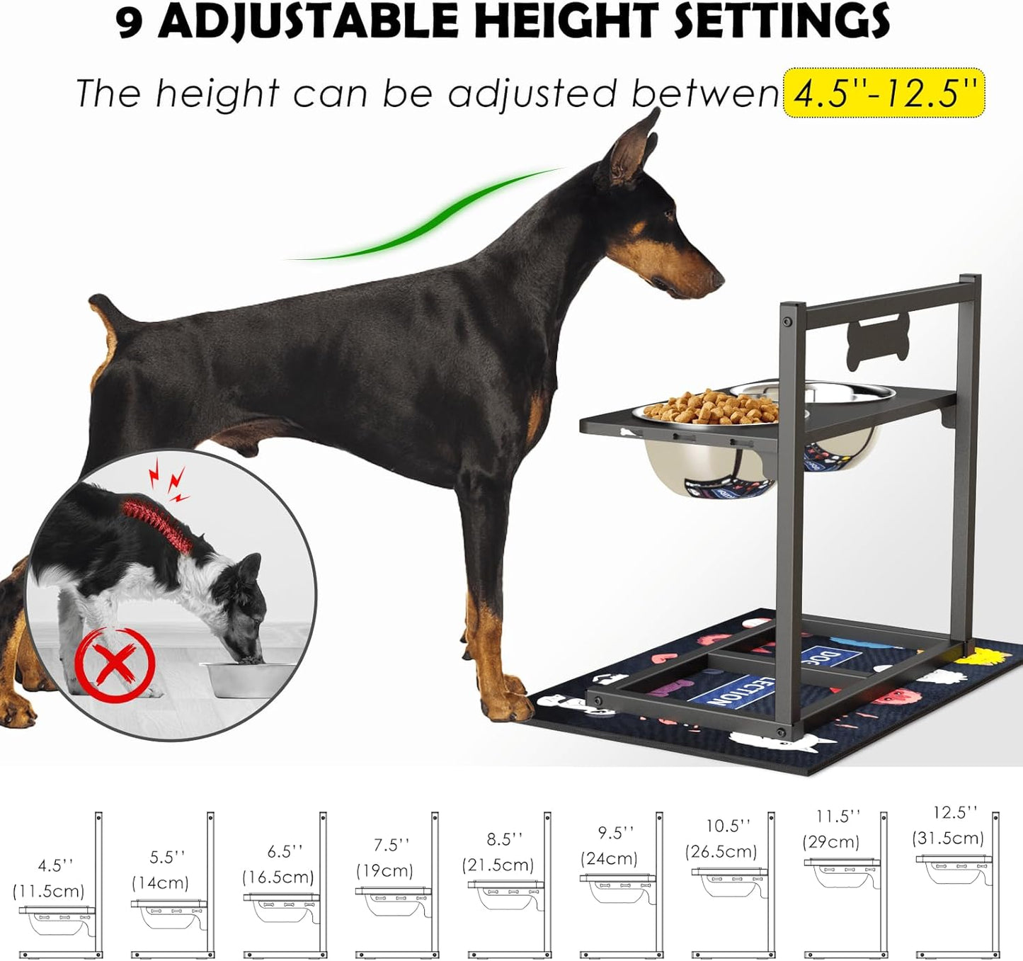 9 Height Adjustable Dog Bowl Stand with Two 1.7L Stainless Steel, Slow Feeder Bowls and Nonslip Pad, Perfect for Medium and Large Dogs