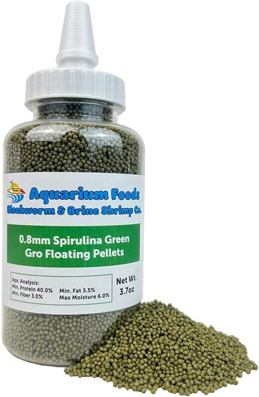 Aquatic Foods Inc. 0.8mm Micro Spirulina Green GRO Floating Pellets for Guppies, Tetras, Bettas, Nano Fish, All Baby Fish…3.7oz Squeeze Bottle