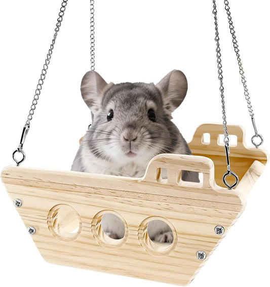Natural Wood Chinchilla Toy Hammock for Cage Swing, Hanging Chinchilla Bed, Wooden Toys and Cage Accessories, Hut Ledges and Platforms for Indoor Habitat Enrichment
