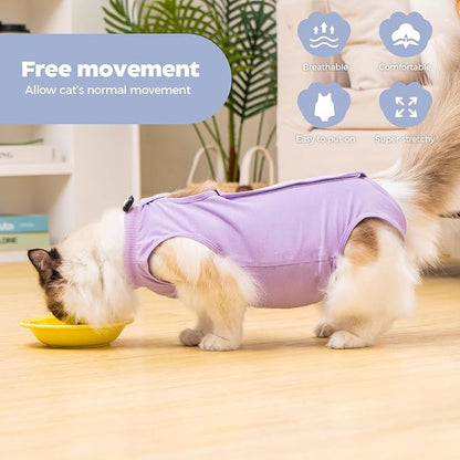 Avont Cat Recovery Suit Post-Surgery Onesie, Breathable Cone-of-Shame Alternative Bodysuit for Spayed Female Kittens, Skin Abdonminal Wound Care -Purple(L)