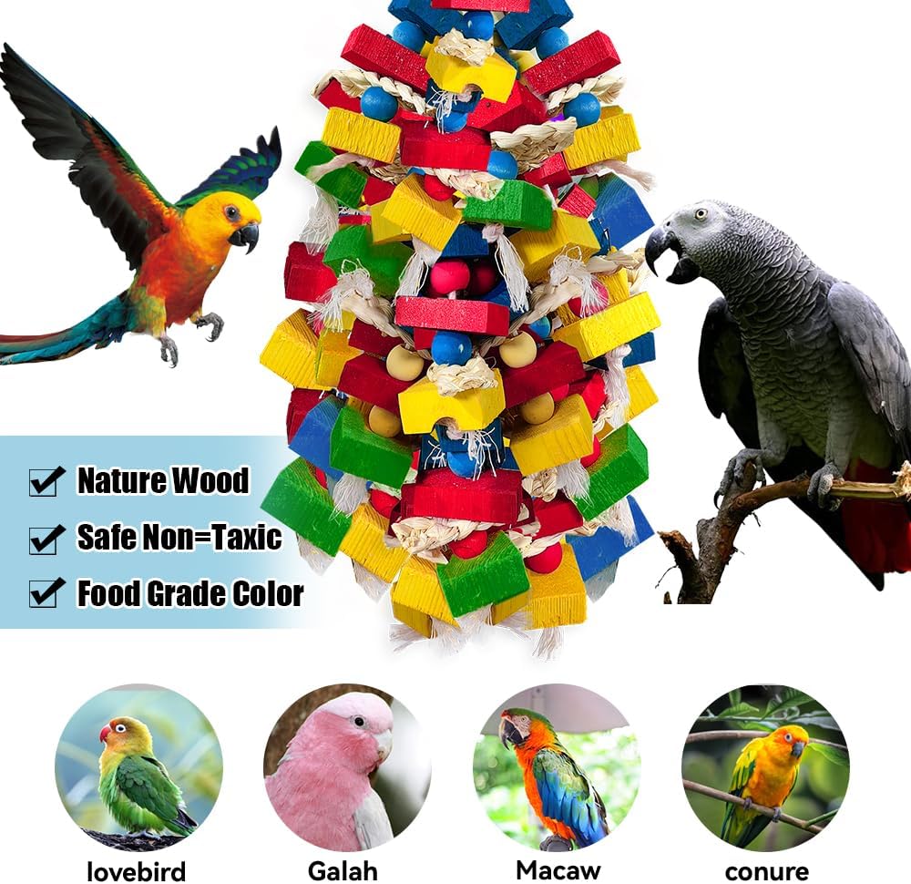Parrot Toys for Large Birds, Multicolored Wooden Blocks Bird Chewing Toy Parrot Cage Bite Toy for Macaws Cokatoos African Grey and Large Medium Parrot Birds (Block)