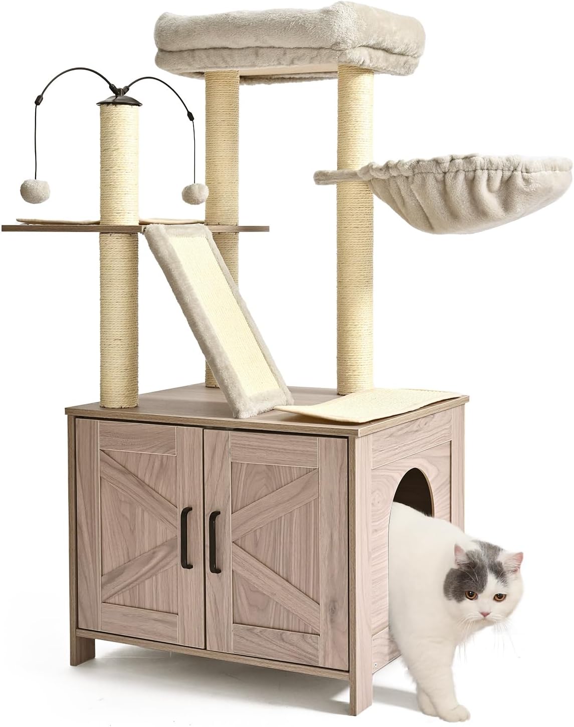Amazon Basics Furniture Style Cat Tree with Litter Box Enclosure, Cat Tree with Scratching Posts, Sisal Pad, Cozy Perch and Hammock