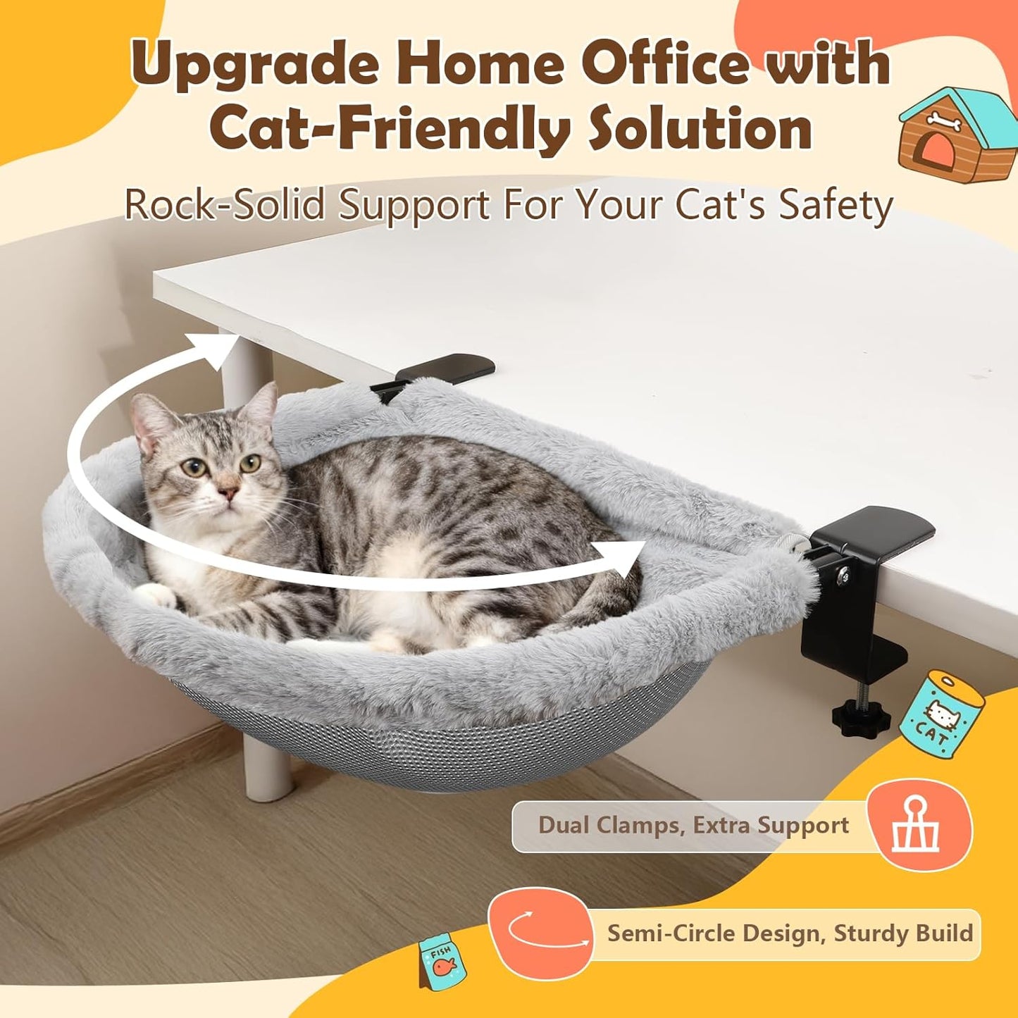 X-Large Cat Desk Bed – 19"x15" Spacious Nest, Dual Clamps & Sunken Hammock Design, Comfy Cat Desk Hammock with Faux Rabbit Fur Cover, Removable & Washable, Holds Up to 40lbs