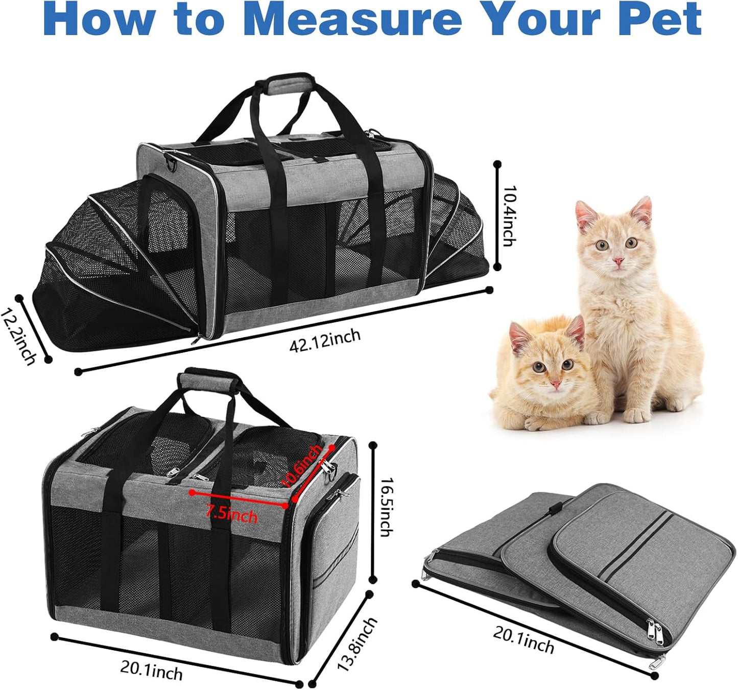 Portable 2-in-1 Pet Carrier,Double Compartment Cat & Dog Carrier for 2 Cats,Expandable Medium Dogs Large Cat Carrier with Sturdy Base,Breathable,Good for Traveling Walking Camping（Grey）
