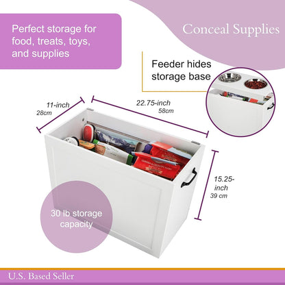 Elevated Dog Bowl with Storage, White Tall Feeder - Raised Dog Bowl Stand Large Feeding Station with 2 Pet Bowls