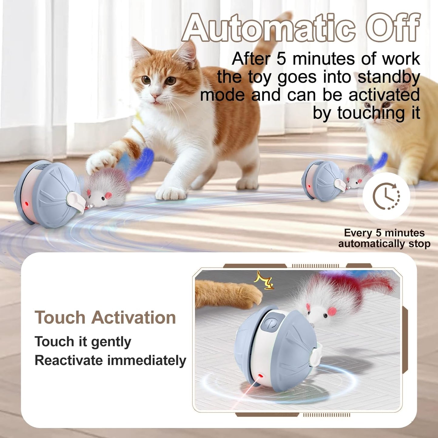 Interactive Cat Toy Ball - 2-in-1 Indoor Cat Toy with Feather Attachment and Laser Interactive Cats Balls, Moving Electric Rolling Ball Toys Designed for Bored Kittens and Adult Cats