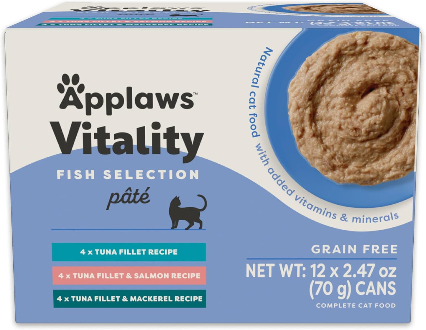 Applaws Vitality Wet Cat Food Paté, Natural Cat Food with Added Vitamins & Minerals, Grain-Free, Carrageenan Free, Fish Variety Selection (12 Count, 2.47 oz Cans)