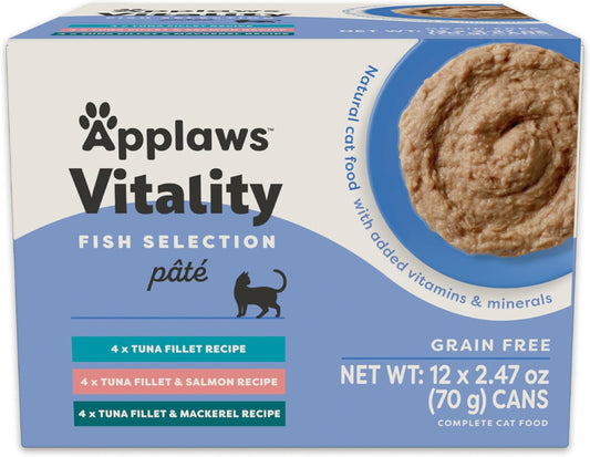 Applaws Vitality Wet Cat Food Paté, Natural Cat Food with Added Vitamins & Minerals, Grain-Free, Carrageenan Free, Fish Variety Selection (12 Count, 2.47 oz Cans)