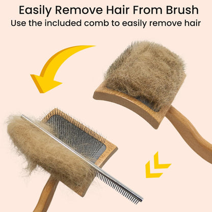 Dog Slicker Brush for Shedding,Dog Brush for Long Haired Dogs & Remove Tangles & Mats,Ergonomic Handle Grooming Like Professional,Beech Wood,L
