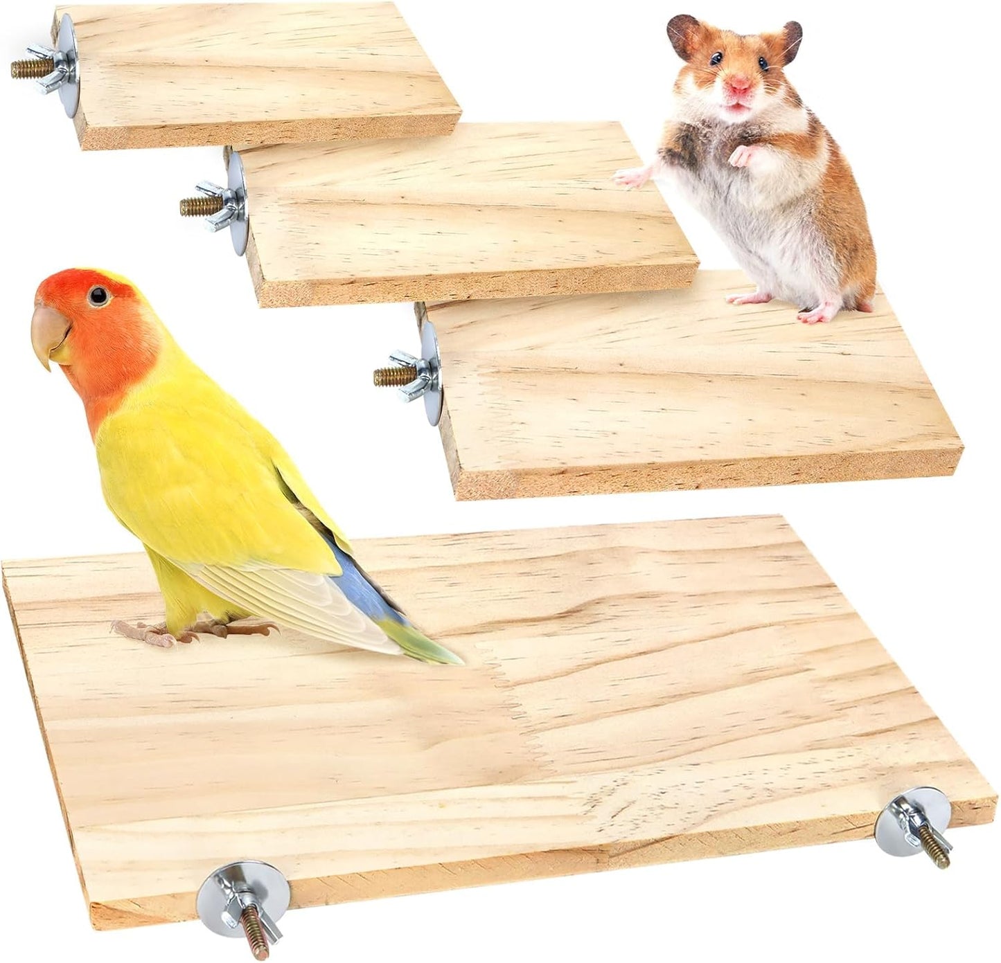 BILLIOTEAM 4-Size Bird Platforms with Wood Perches and Stand Boards - Habitat Cage Corner Shelves with Stainless Steel Washers - Ideal for Parrots, Cockatiels & Small Pets like Hamsters, Gerbils & Chi