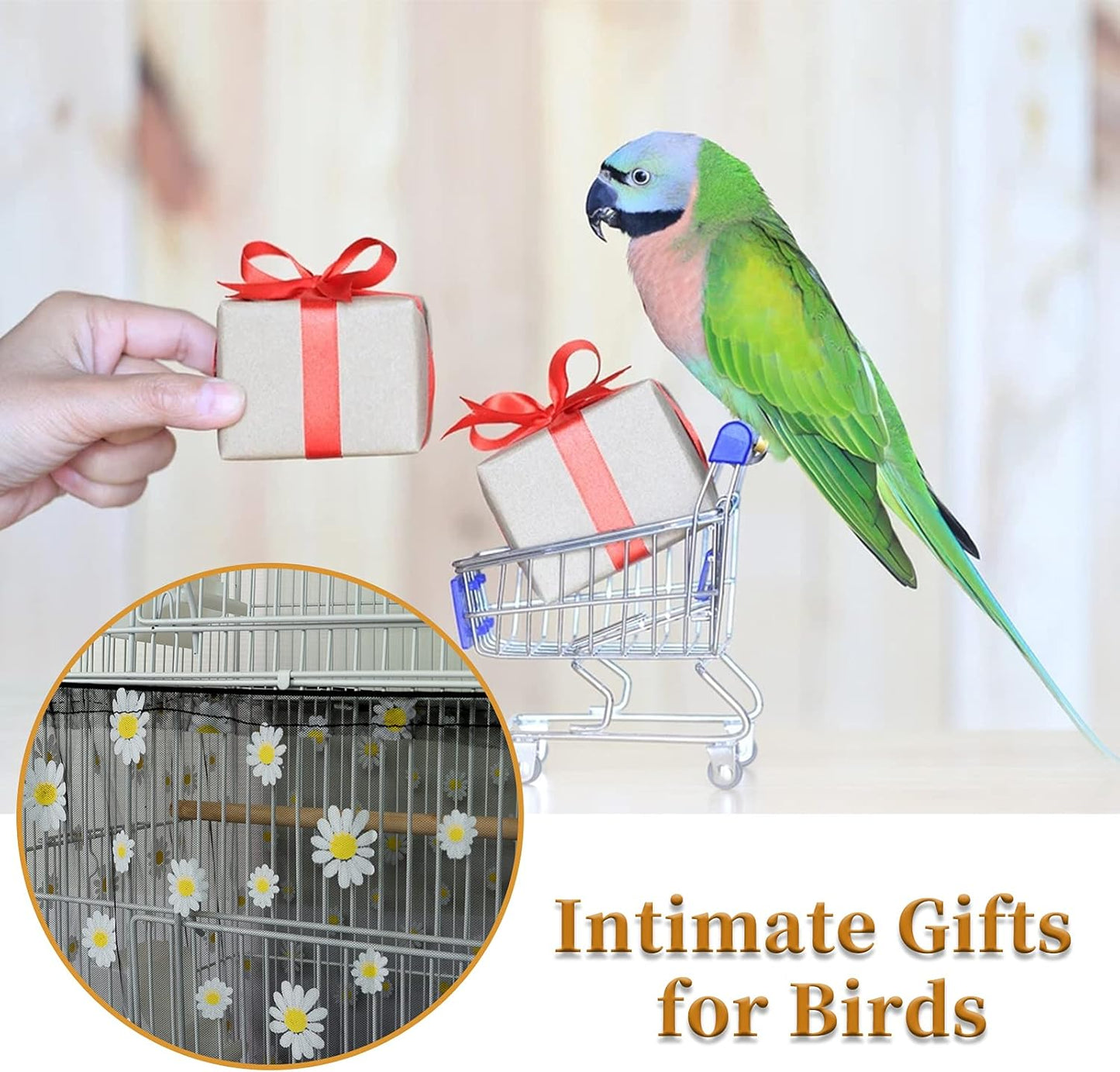 Daoeny Large Bird Cage Cover, Bird Cage Seed Catcher, Adjustable Soft Nylon Mesh Net with Daisy Pattern, Birdcage Cover Skirt Seed Guard for Parrot Parakeet Macaw Round Square Cages (Black)