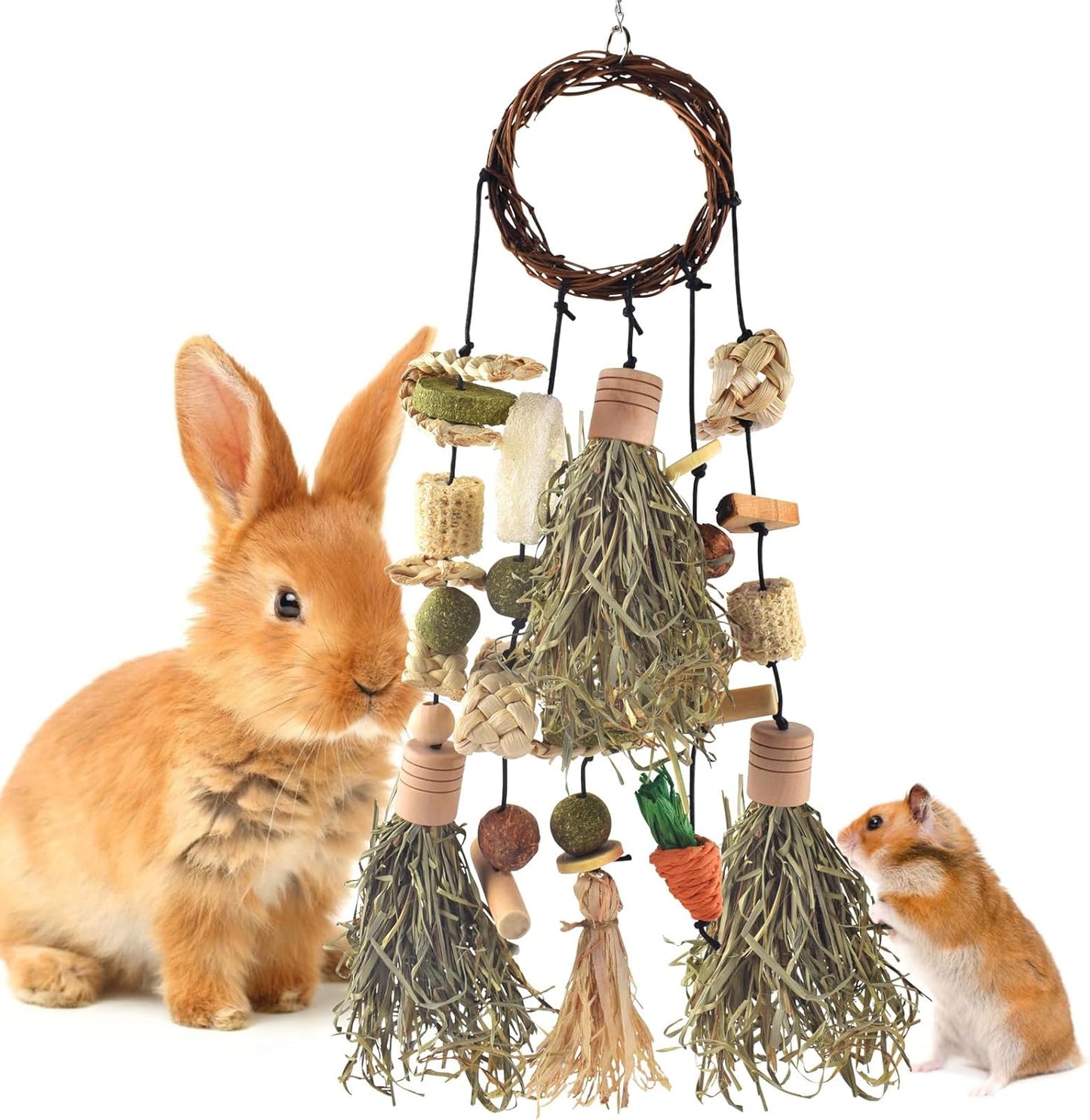 Bissap Bunny Chew Toy, Rabbits Cage Hanging Timothy Hay Chew Toys and Treats Rattan Ring with Snacks for Guinea Pigs Chinchillas Hamsters Rats and Other Small Pets Teeth Grinding