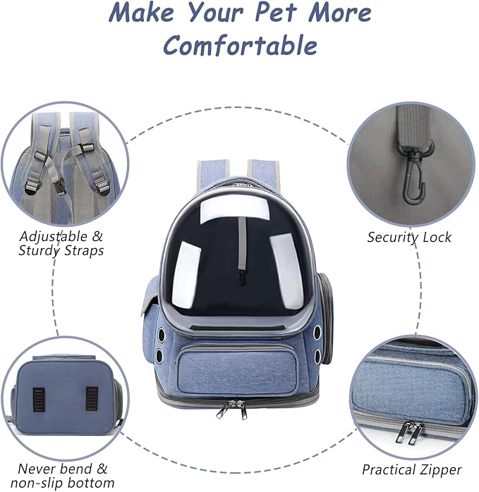 Cat Carrier with Groomer, Breathable Cat Bubble Carrier for Cats or Small Dogs up to 20 lbs, Collapsible Airline Approved, Clear Cat Travel Backpack (Blue)