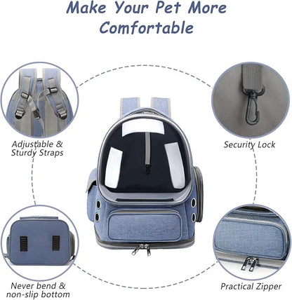 Cat Carrier with Groomer, Breathable Cat Bubble Carrier for Cats or Small Dogs up to 20 lbs, Collapsible Airline Approved, Clear Cat Travel Backpack (Blue)