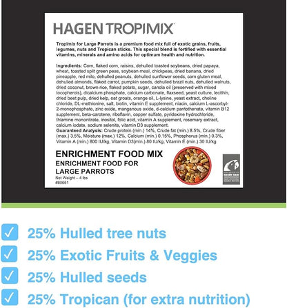 Hari Tropimix Bird Food, Hagen Large Parrot Food with Seeds, Fruit, Nuts, Vegetables, Grains, and Legumes, Enrichment Food, 4 lb Bag