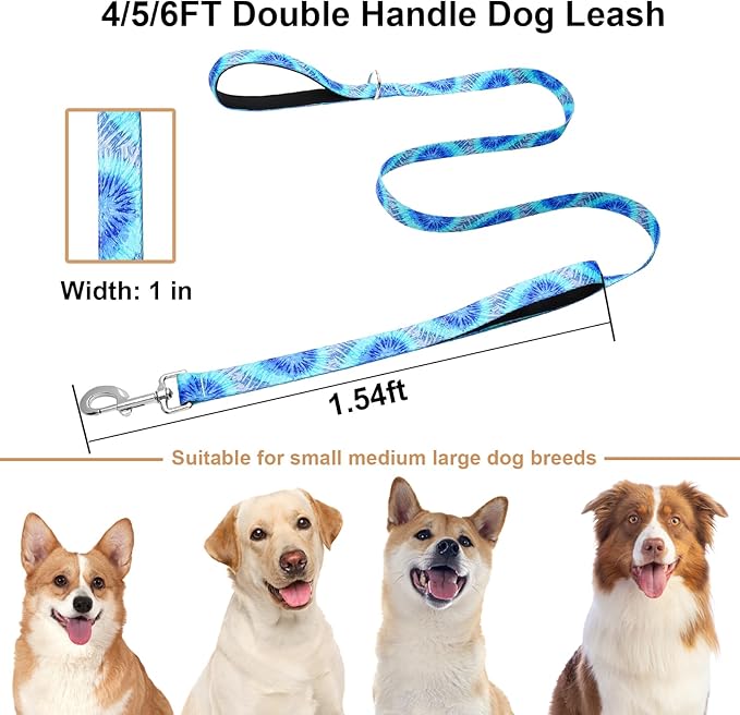 5 Foot Dog Leash for Medium Large Dogs, Heavy Duty Blue Dog Leash with 2 Padded Handles, Walking Training Lead for Small Medium Large Dogs, Tie Dye