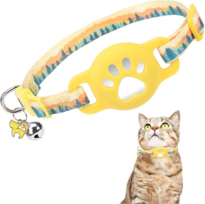 Airtag Cat Collar Breakaway, Cute GPS Cat Tracker Collars with Air Tag Holder, Safety Cat Collars with Bell & Pendant for Girl Boy Cats, Blue