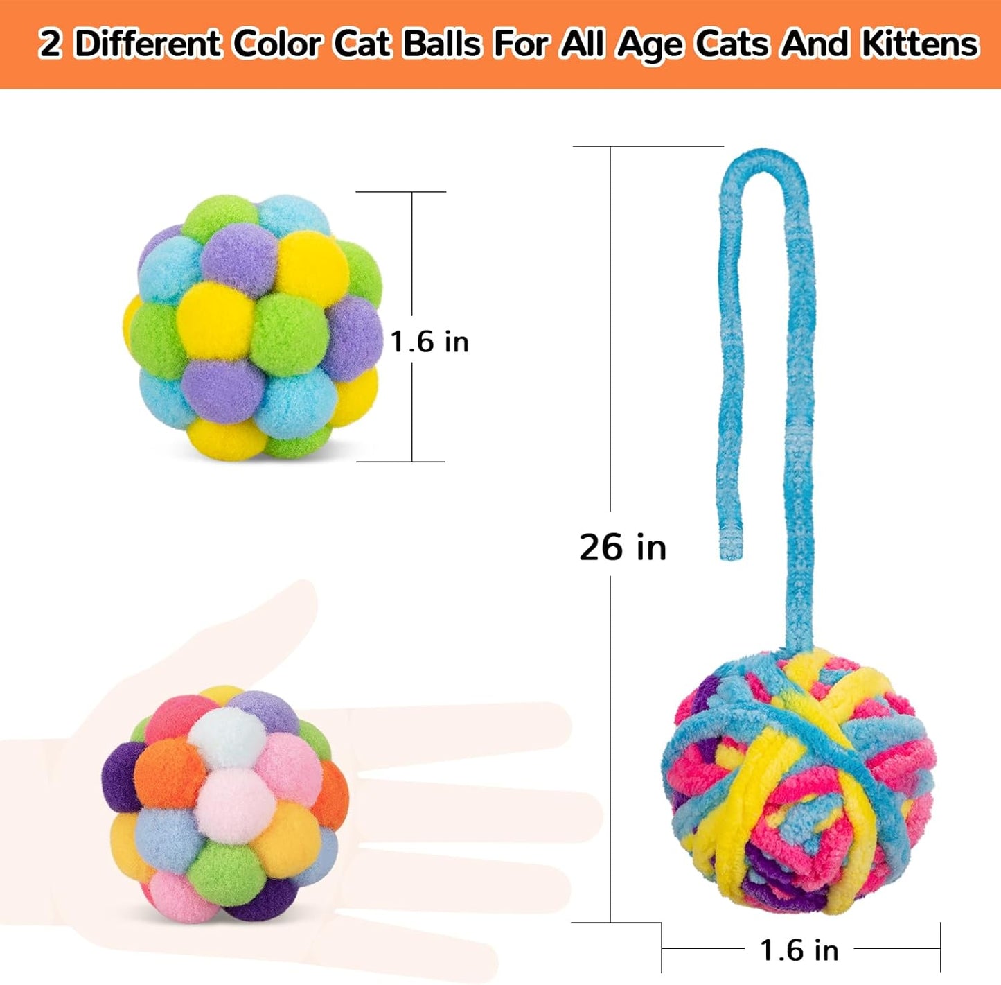 Retro Shaw 6Pcs Cat Toys Balls, Wool Yarn Cat Ball with Bell Inside, Interactive Kitten Toys for Indoor Cats Kitty Chew Kick, Colorful Soft Fuzzy Pet Toy Ball with String