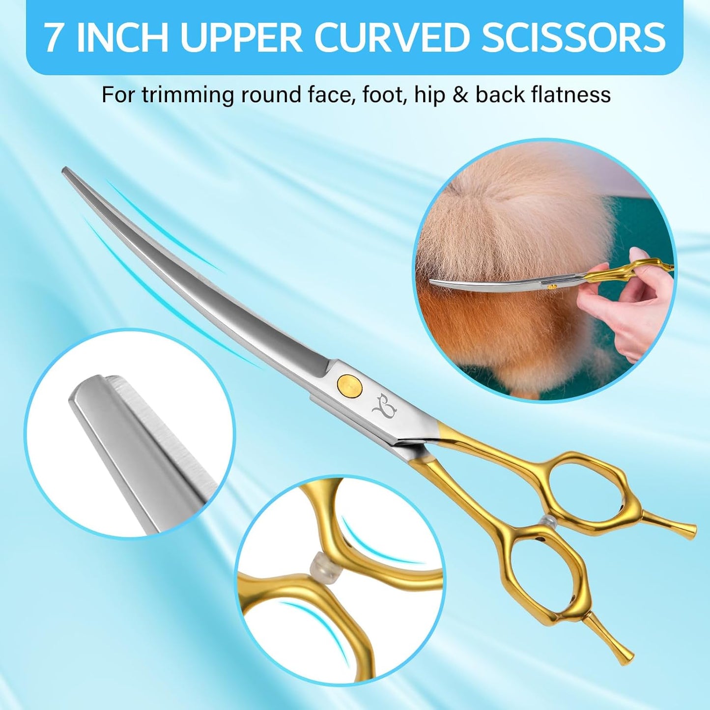Dog Grooming Scissors,Curved Thinning Shears Curved Chunkers Shears with Safety Round Tips, Sharp and Comfortable 4 in 1 Dog Scissors for Grooming