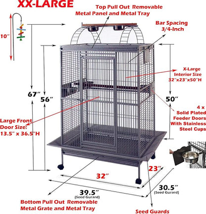 X-Large Double Ladders Open/Close Play Perch Stand Top Wrought Iron Bird Parrot Parakeet Finch Macaw Cockatoo Home Cage Include Seed Guard and Toy Hook