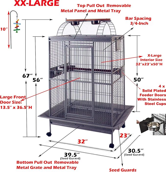 Extra Large Double Ladders Open Play Top Wrought Iron Bird Parrot Parakeet Finch Macaw Cockatoo Cage, Include Seed Guard and Toy Hook 39.5" L x 30.5" W x 67" H
