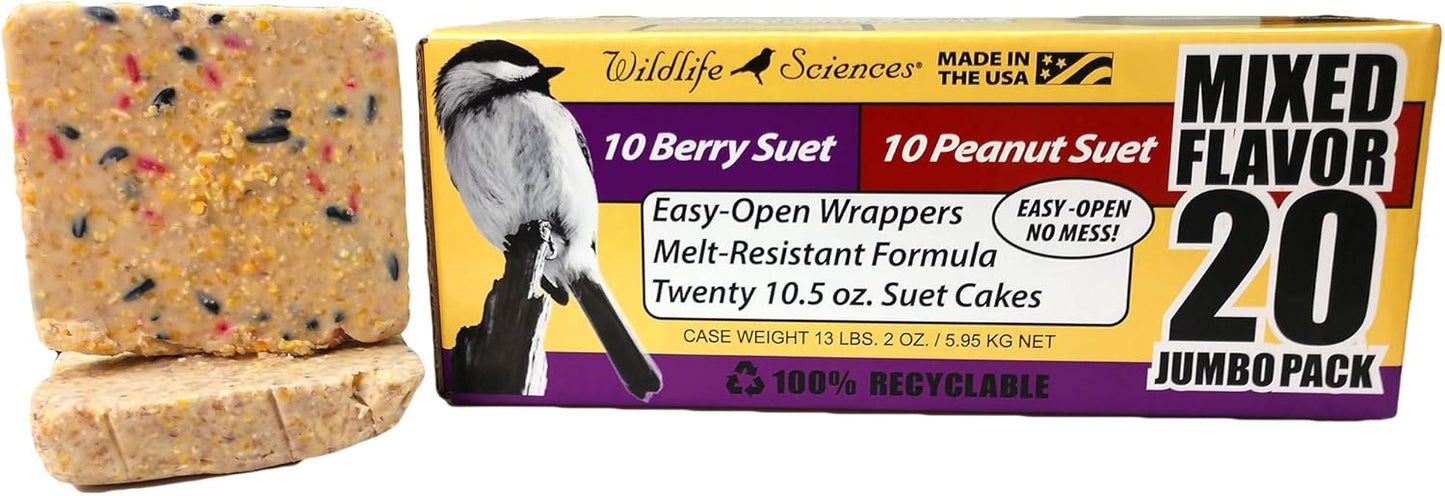 Wildlife Sciences Suet Cake Jumbo Mixed (Pack of 20) | 10 Peanut & 10 Berry 10.5 oz. Suet Cakes for Wild Birds