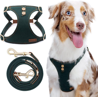 Dog Harness, No Pull Dogs Harness and Multi-Function Leash Set for Medium Dogs Easy Walk Everyday Adjustable Soft Dog Vest Harness Fashionable Dog Accessories Denim Vintage Green-Button-Relaxed Medium