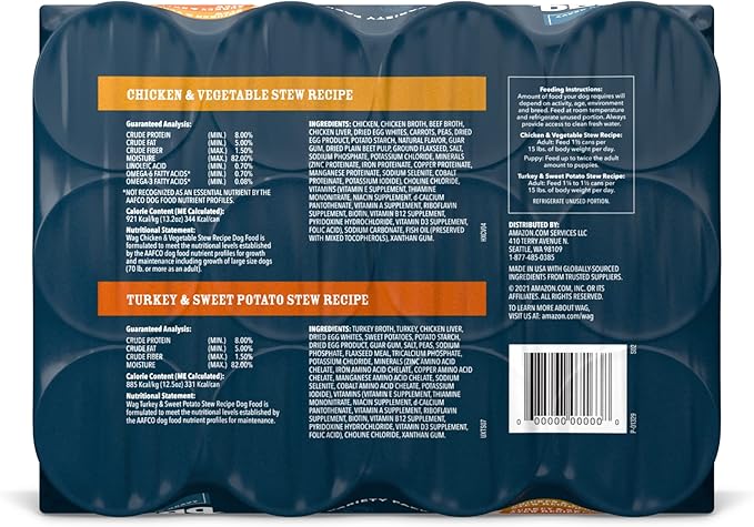 Amazon Brand - Wag Wet Dog Food Stew Variety Pack, Chicken & Turkey Cuts in Gravy, Made with Natural Ingredients, 13.2 Ounce Cans (Pack of 12)