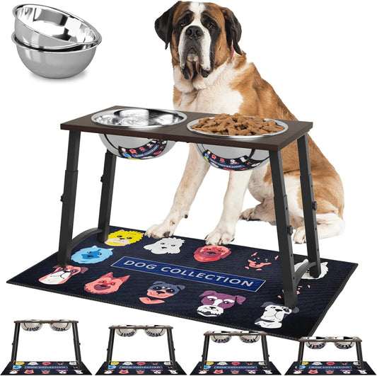 Elevated Dog Bowls for Large and X-Large Dogs, with Spill Proof Mat, 4 Heights Adjustable Wood Raised Dog Bowl Stand with Two Stainless Steel Food and Water Bowls, Non-Slip