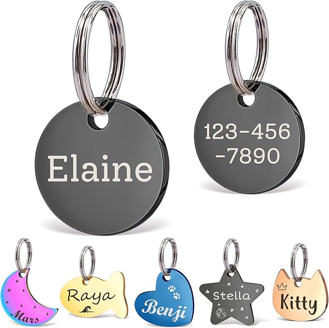 Anavia Small Size Dog Cat ID Tags, Small/XS Personalized Color Plated Stainless Steel Puppy Kitten Name Tags, Customized Engraved Nameplate Pet Collar Tag (Black, XS-Round)