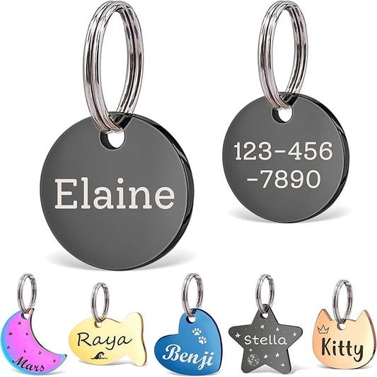 Anavia Small Size Dog Cat ID Tags, Small/XS Personalized Color Plated Stainless Steel Puppy Kitten Name Tags, Customized Engraved Nameplate Pet Collar Tag (Black, XS-Round)