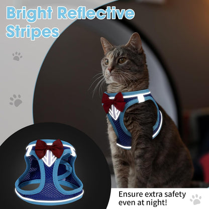 Cat Vest Harness and Leash Set for Walking, Escape Proof, Adjustable Kitten Harness Breathable Mesh with Reflective Strips, Detective Conan-Inspired Design with Glasses and Bow, Blue, L