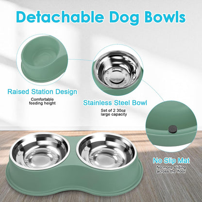 Dog Bowls Large Double Dog Water and Food Bowls Stainless Steel Bowls with Non-Slip Resin Station, Pet Feeder Bowls Food Dish for Small Medium Large Dogs Cats