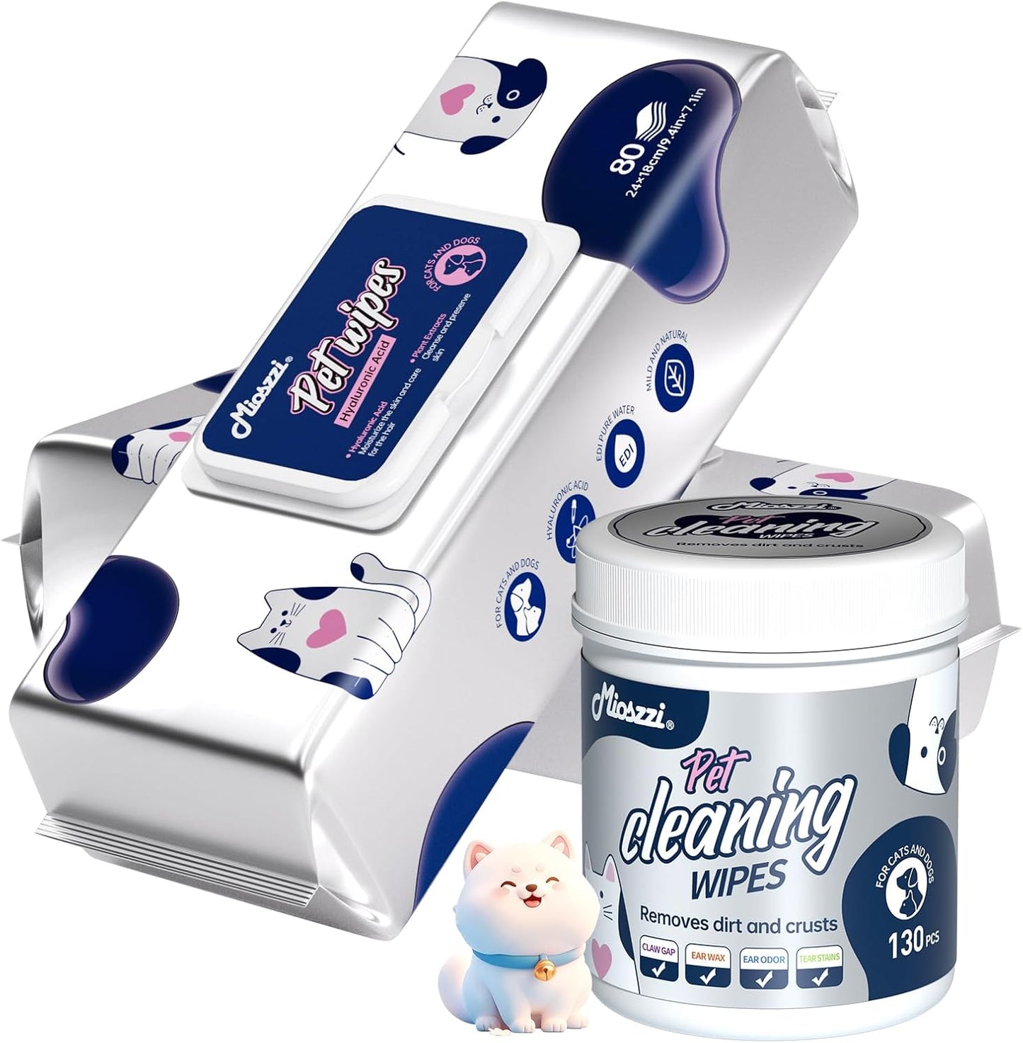 MIOSSZI Pet Cleaning Wipes Bundle, Dog & Cat Grooming Wipes, 160 Count Body Wipes, 130 Count Eye Wipes, Hypoallergenic with Coconut Oil & Aloe Vera for Paws, Face, Fur & Tear Stains