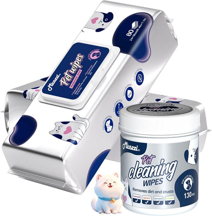 MIOSSZI Pet Cleaning Wipes Bundle, Dog & Cat Grooming Wipes, 160 Count Body Wipes, 130 Count Eye Wipes, Hypoallergenic with Coconut Oil & Aloe Vera for Paws, Face, Fur & Tear Stains