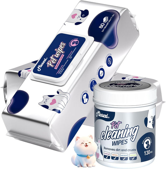 MIOSSZI Pet Cleaning Wipes Bundle, Dog & Cat Grooming Wipes, 160 Count Body Wipes, 130 Count Eye Wipes, Hypoallergenic with Coconut Oil & Aloe Vera for Paws, Face, Fur & Tear Stains