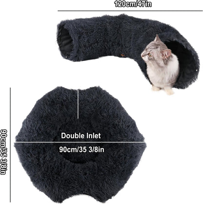 Cute Donut Cat Tunnel, Large Foldable Fluffy Tunnel with Washable Pads and Toy Balls for Indoor Cats