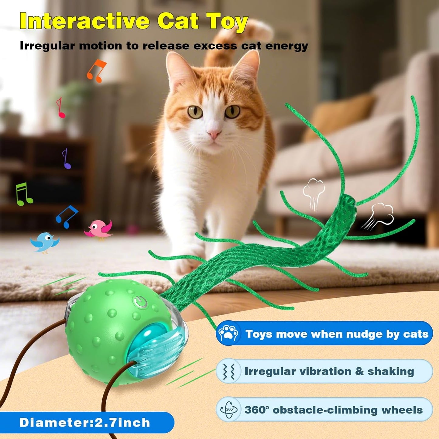Interactive Cat Toys for Indoor Cats, Moving Cat Ball with Tail, Fast Rolling on Carpet, Chirping & Motion Activate Toy for Bored Indoor Adult Cats
