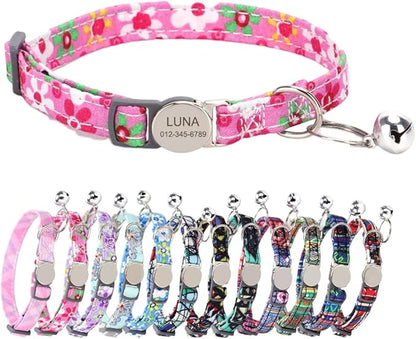 Personalized Breakaway Cat Collar with Bell - Name and Phone Number Engraved for Boys and Girls Kitten (Floral)