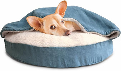 Furhaven 26" Round Orthopedic Dog Bed for Medium/Small Dogs w/ Removable Washable Cover, For Dogs Up to 30 lbs - Sherpa & Suede Snuggery - Blue, 26-inch