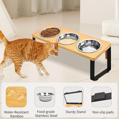 Raised Cat Food Water Bowl，Small Dog 15 ° Tilted Elevated Food Feeding Tray with Three Stainless Steel Bowls to Protect The Spine of Cats and Dogs from Vomiting (Wood Color) (3 Bowls)