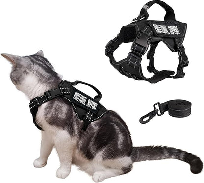 Tactical Cat Harness Adjustable Soft Padded Training Walking Esacpe Cat Vest Harness No-Pull Pet Harness Reflective with Easy Control Handle (Black, Leash-L)