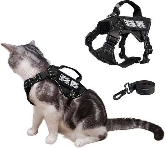 Tactical Cat Harness Adjustable Soft Padded Training Walking Esacpe Cat Vest Harness No-Pull Pet Harness Reflective with Easy Control Handle (Black, Leash-L)