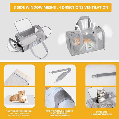 Cat Carrier, Dog Carrier, Pet Carrier Airline Approved for Small Dogs, Kitten Carriers Under 15lb, Collapsible Soft Sided TSA Approved Travel Carrier-Grey
