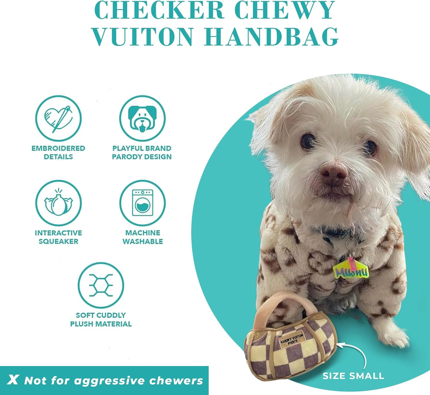 Haute Diggity Dog Haute Diggity Checker Chewy Vuiton Dog Handbag - Medium Plush Designer Dog Toys with Squeaker & Machine-Washable Enrichment & Safe Materials for All Breeds, Size Medium